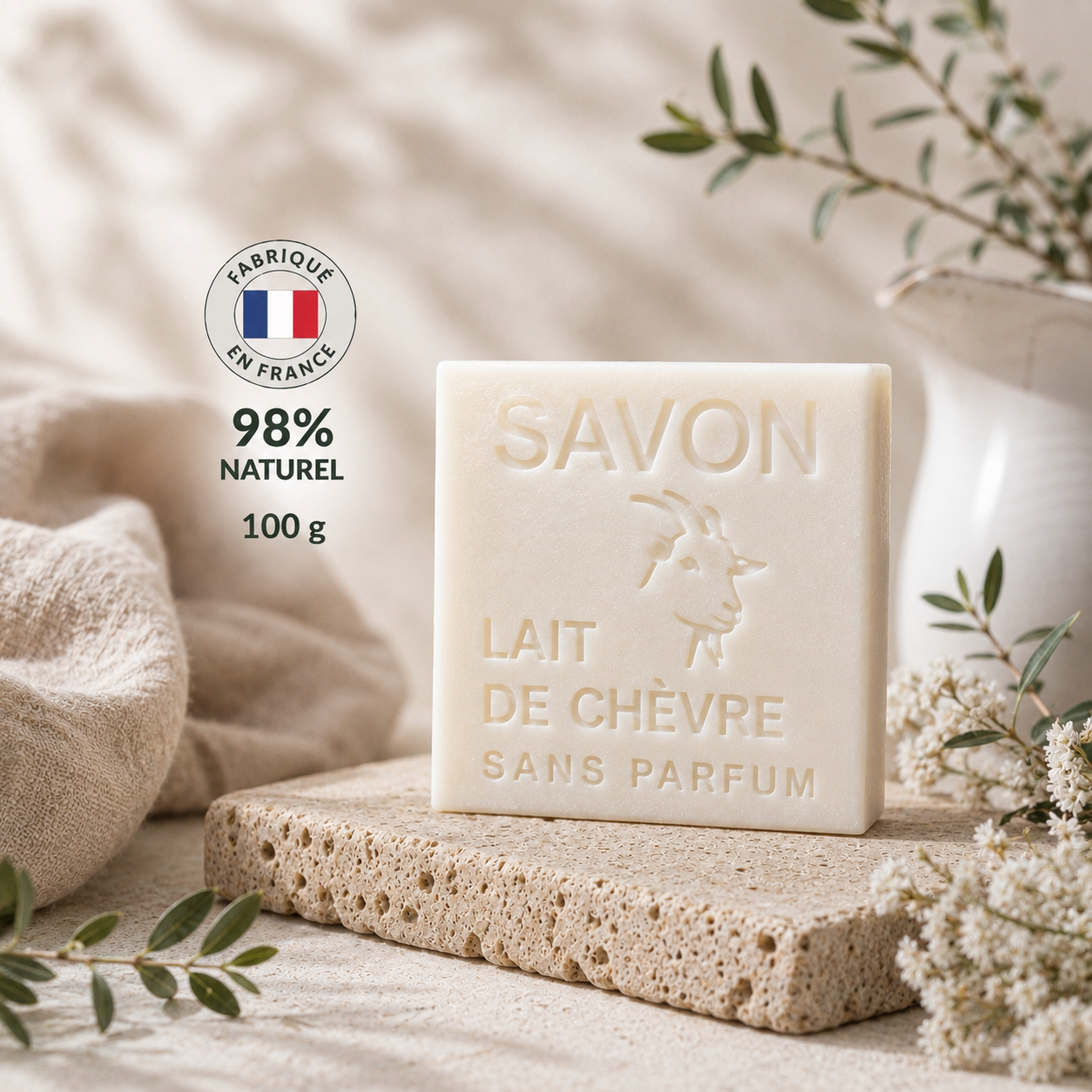 Savon au lait de chèvre sans parfum 100g – Savon naturel artisanal fabriqué en France