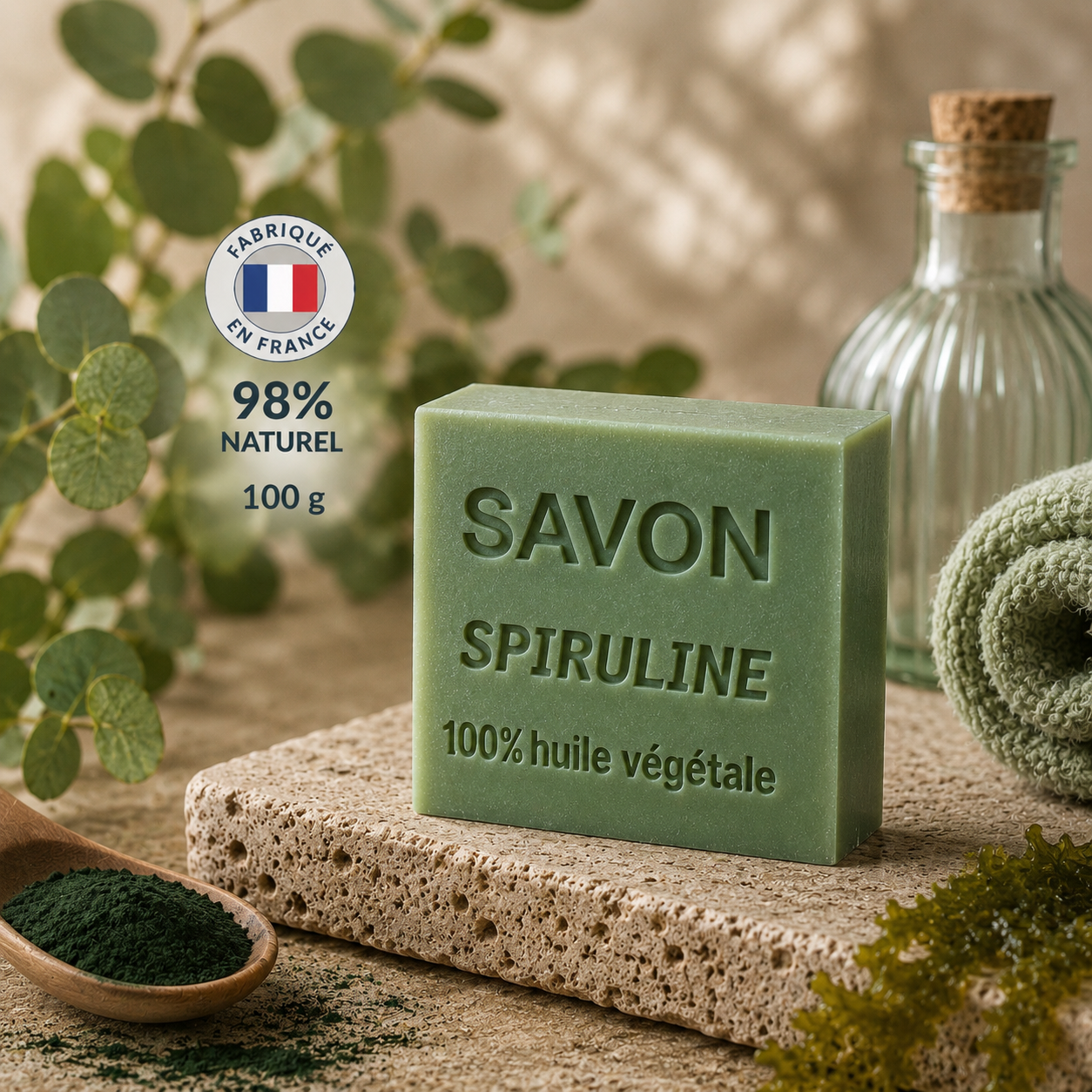 Savon Spiruline 100g – Savon artisanal naturel aux huiles végétales fabriqué en France