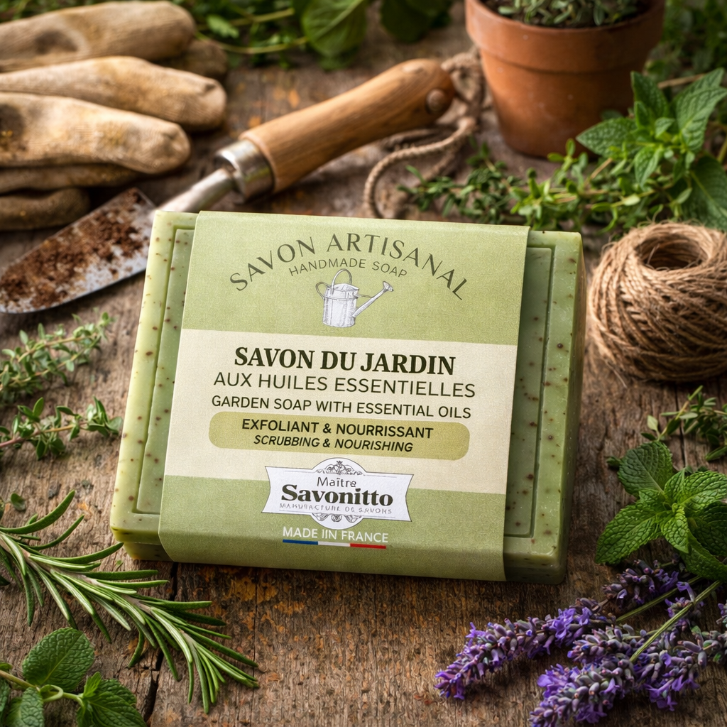 Savon du Jardin exfoliant 100g – Menthe poivrée & Verveine – Savon artisanal naturel pour les mains