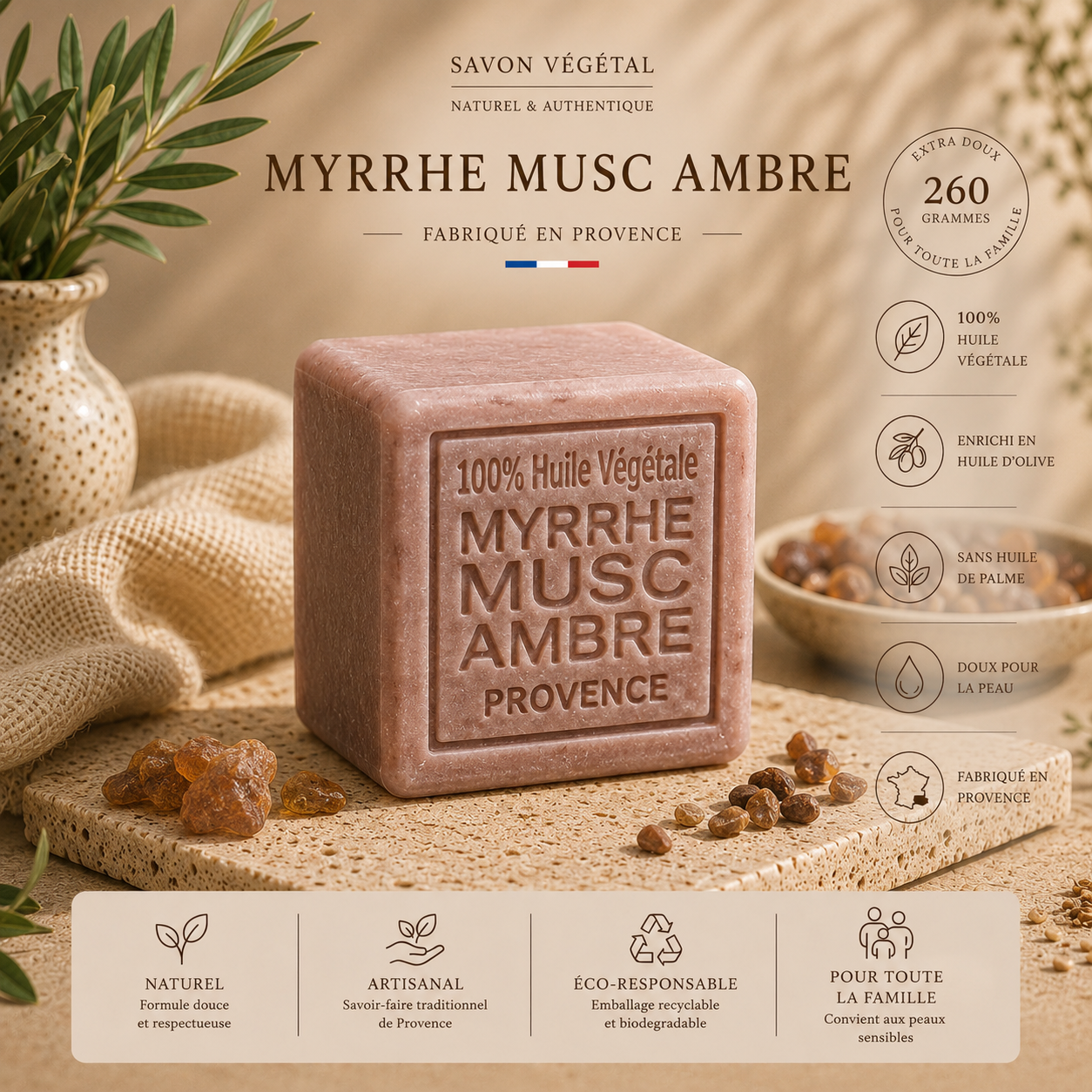 Savon Myrrhe Musc Ambre 260g - Artisanal parfum de Grasse