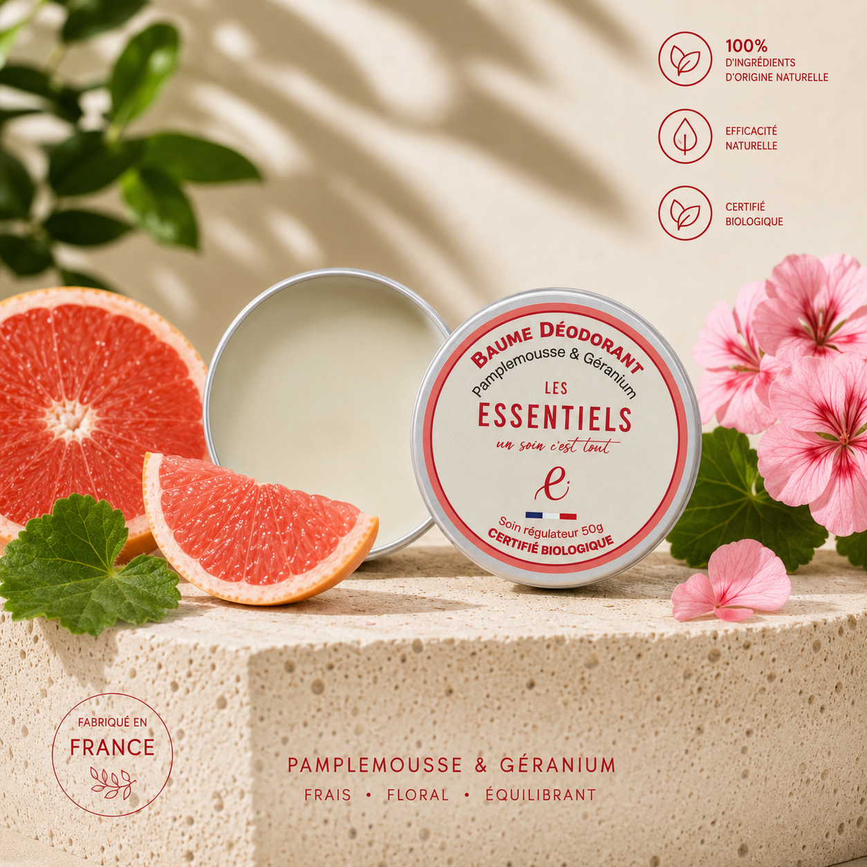 Baume Déodorant Pamplemousse et Géranium – 50 g | Naturel au Beurre de Karité