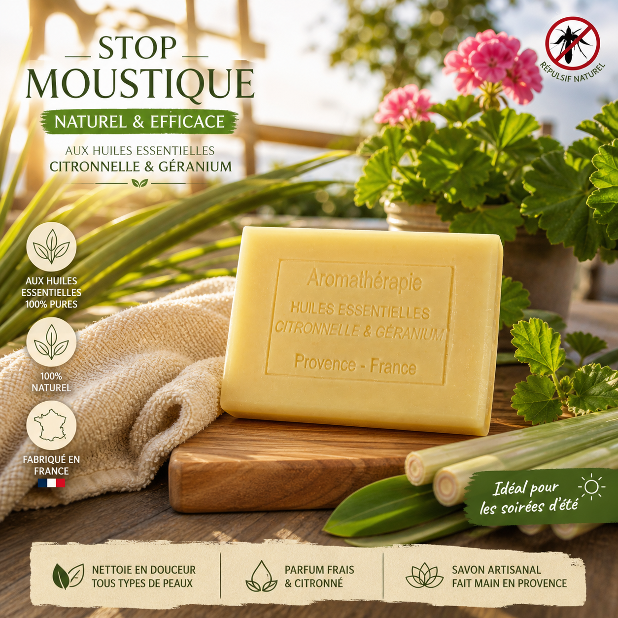 Savon aromathérapie Stop Moustiques Citronnelle & Géranium 100g