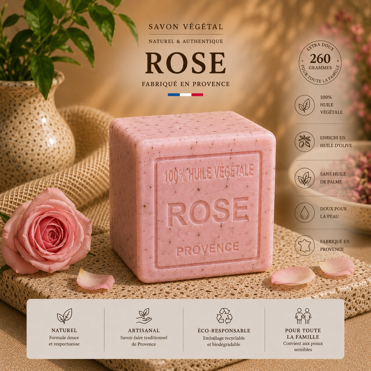 Savon Rose exfoliant 260g - Artisanal parfum de Grasse