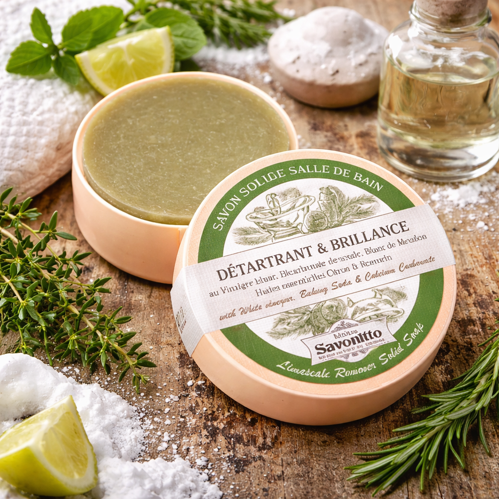 Savon solide Détartrant & Brillance 100g – Nettoyant naturel salle de bain au blanc de Meudon