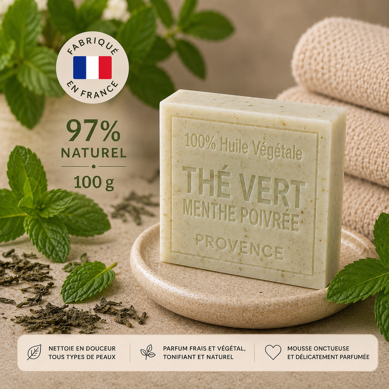 Savon Thé vert Menthe poivrée exfoliant 100g - Artisanal parfum de Grasse