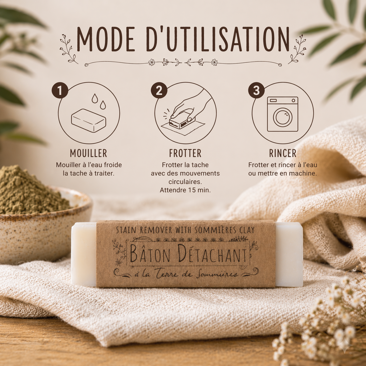 Bâton détachant à la Terre de Sommières – Savon détachant naturel textile