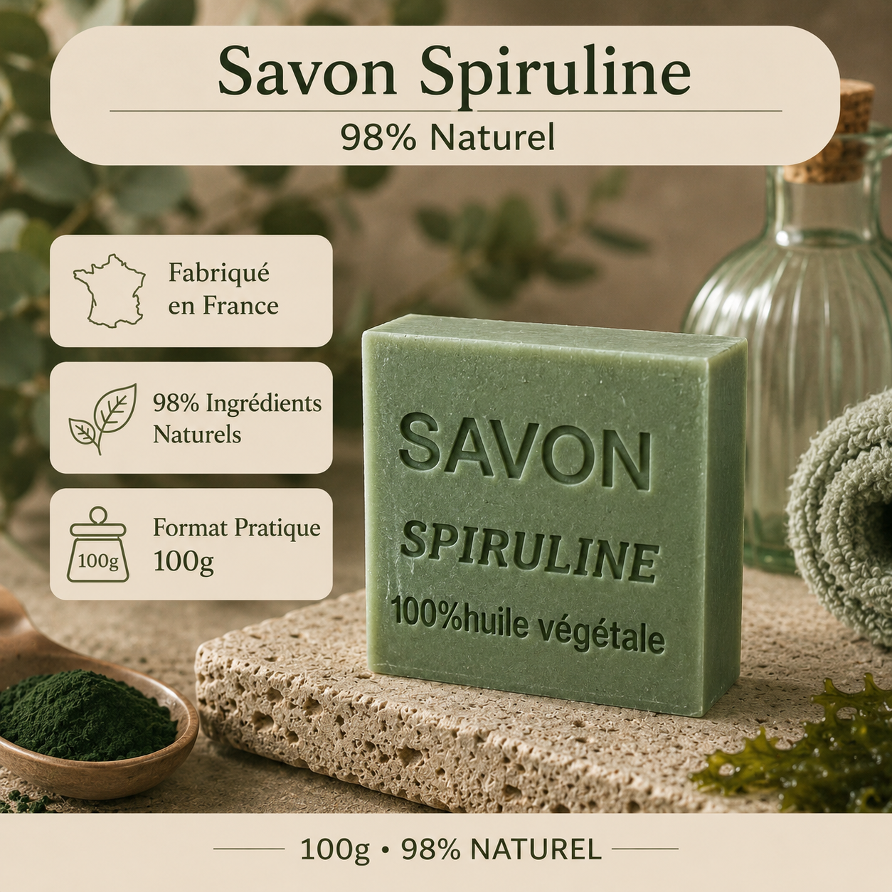 Savon Spiruline 100g – Savon artisanal naturel aux huiles végétales fabriqué en France