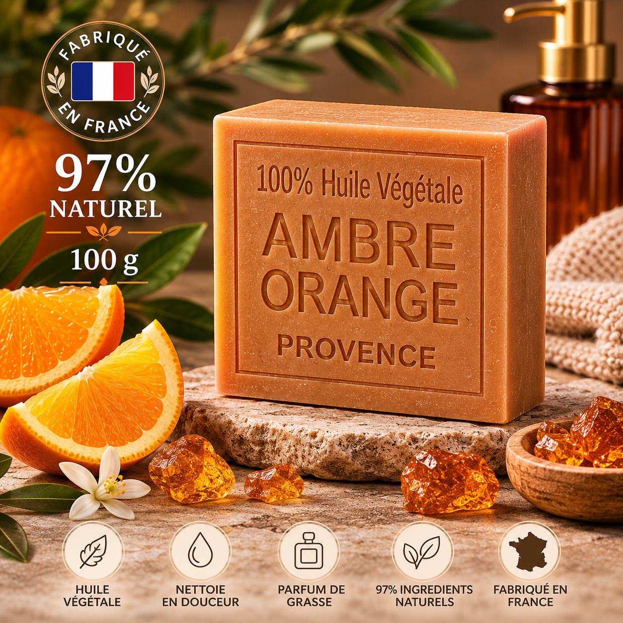 Savon Ambre et Orange 100g - Artisanal parfum de Grasse