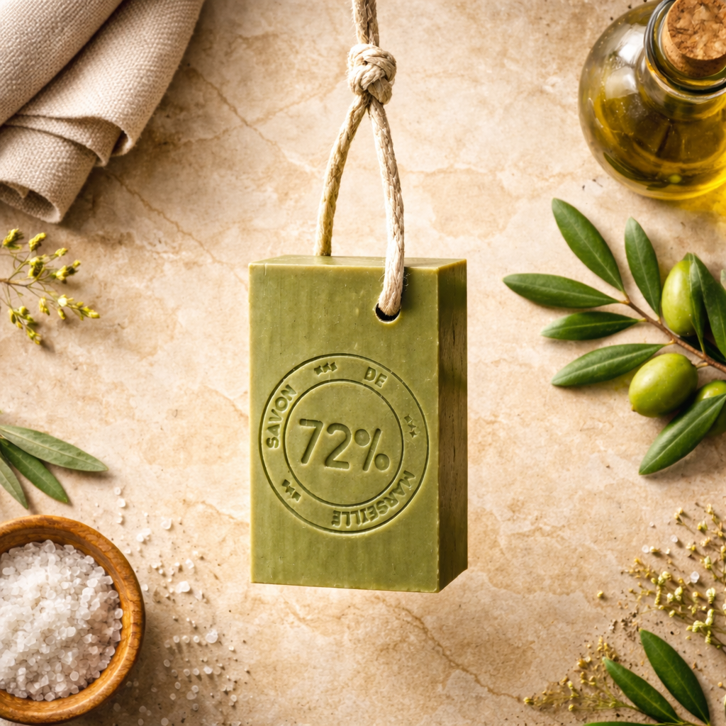 Véritable Savon de Marseille 72% Huile d’Olive sur Corde 140g – Savon Naturel Artisanal Peaux Sensibles