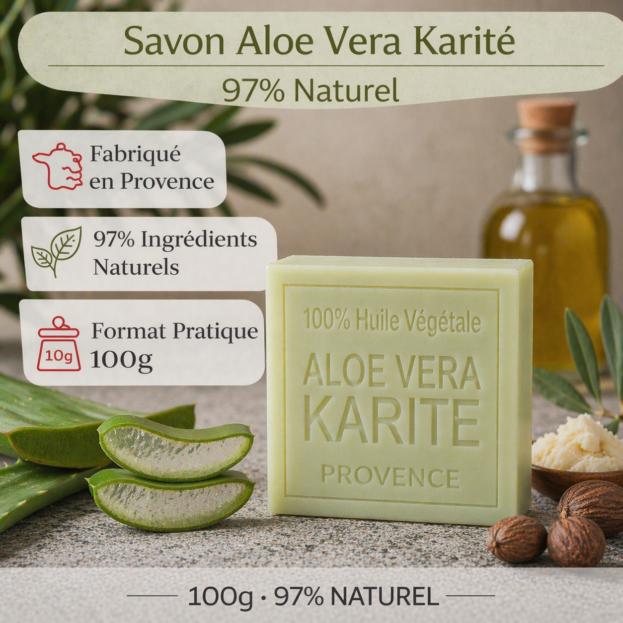 Savon Aloé Véra Karité 100g - Artisanal parfum de Grasse