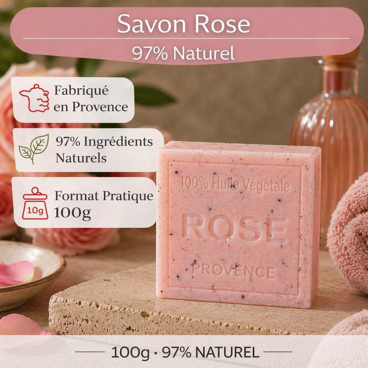 Savon Rose exfoliant 100g - Artisanal parfum de Grasse