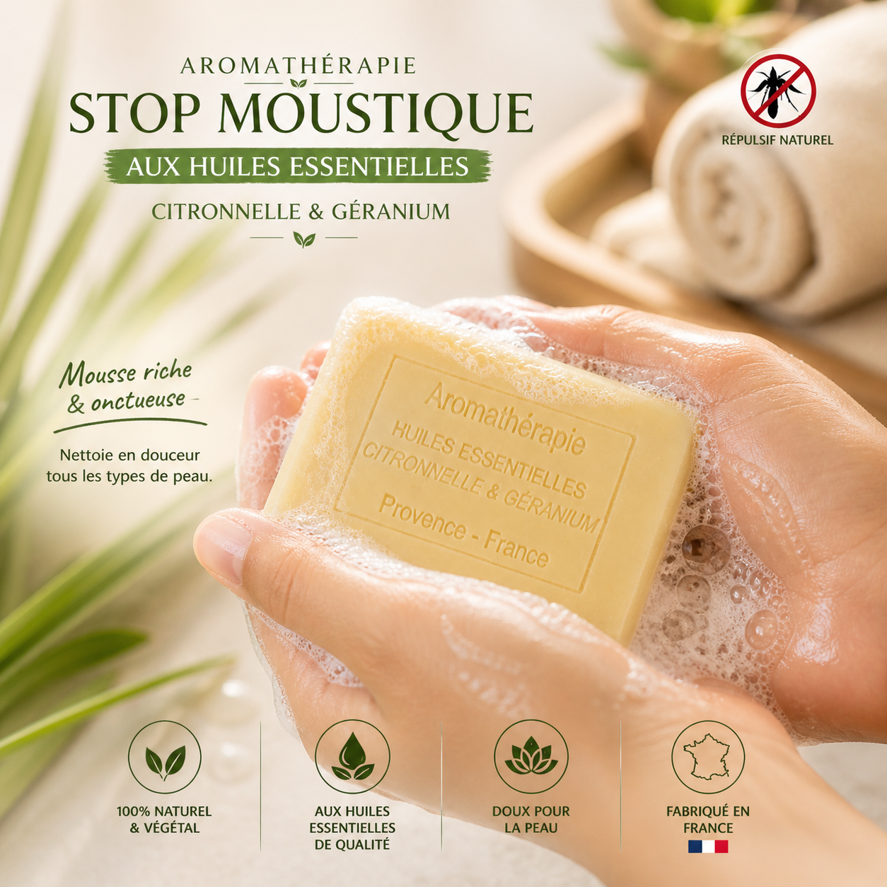 Savon aromathérapie Stop Moustiques Citronnelle & Géranium 100g