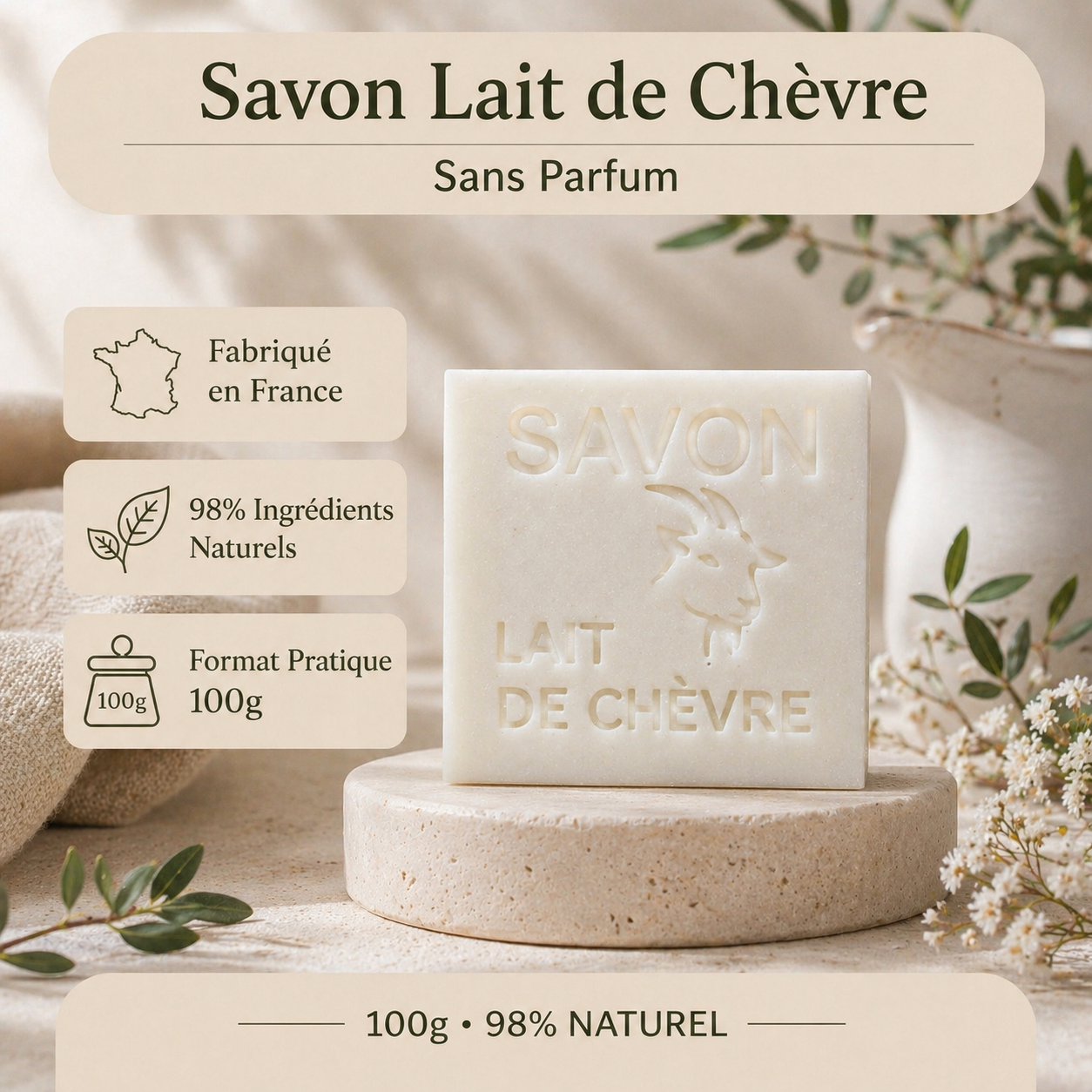 Savon au lait de chèvre sans parfum 100g – Savon naturel artisanal fabriqué en France