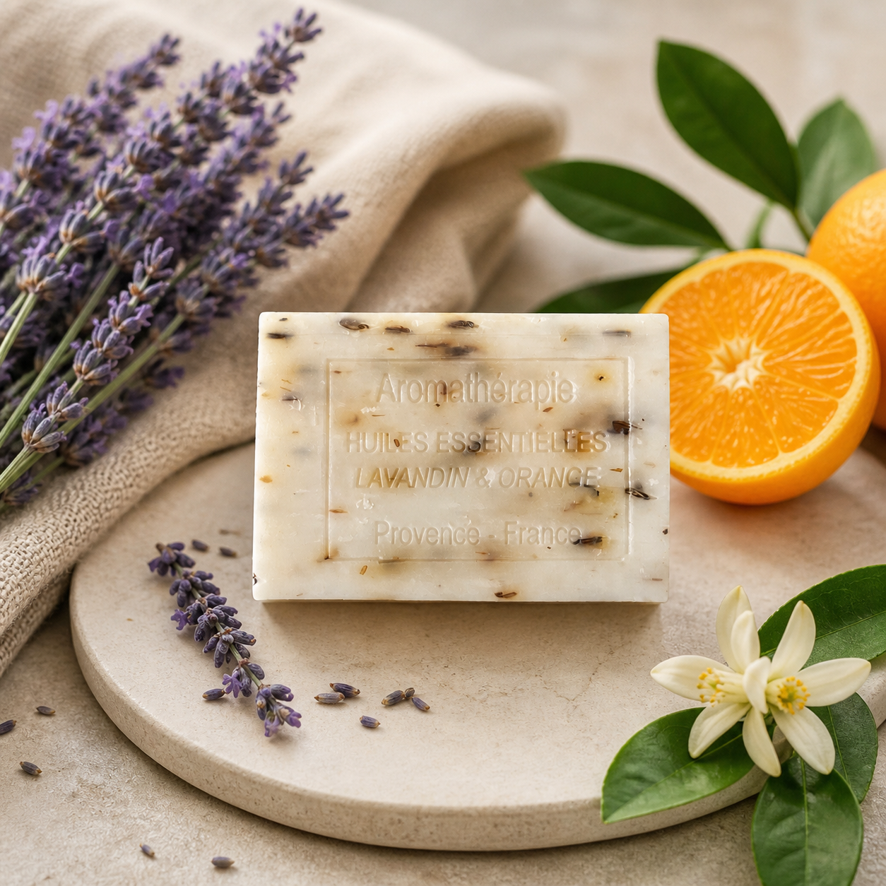 Savon aromathérapie Lavande & Orange 100g – Relaxant & apaisant – Huiles essentielles naturelles