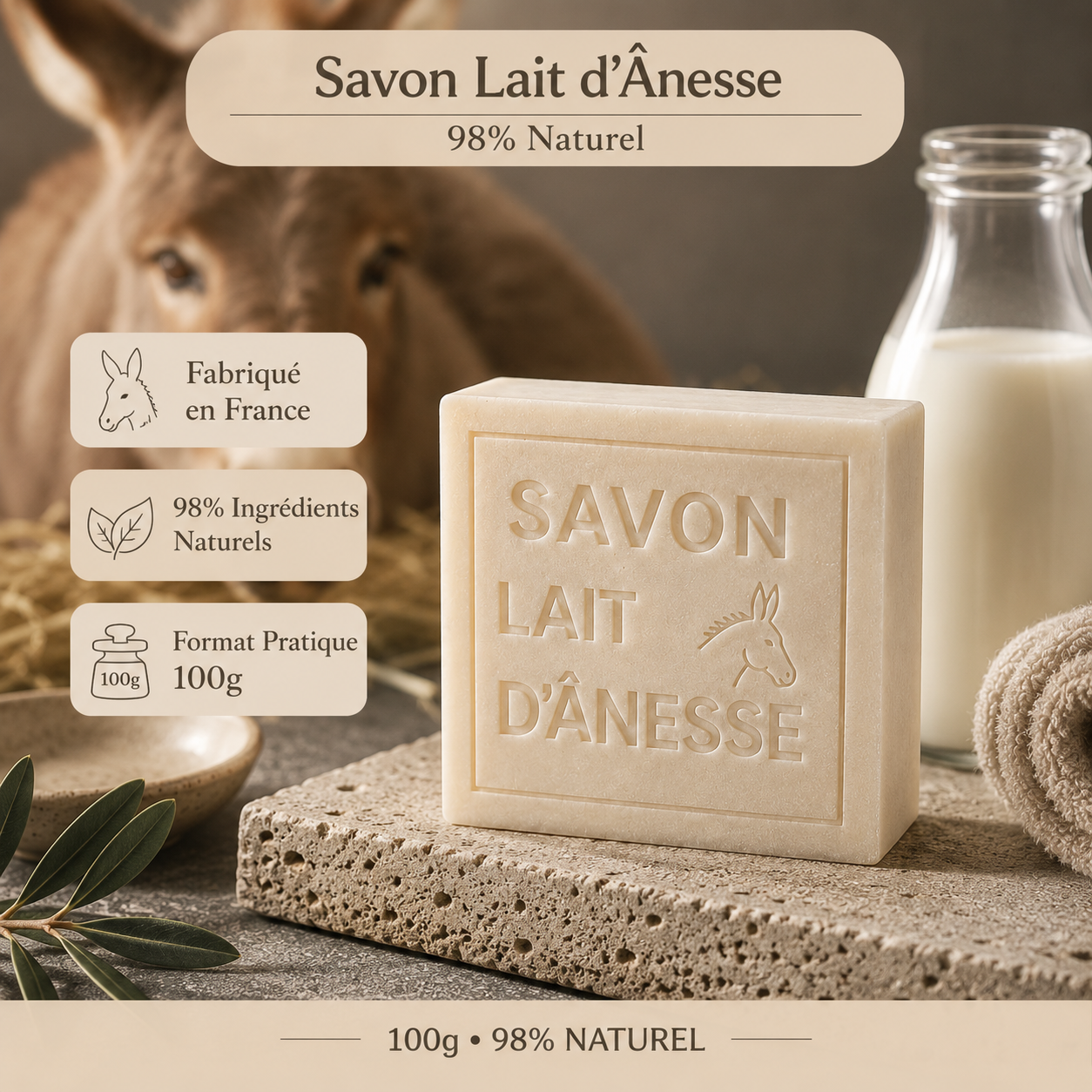 Savon au lait d’ânesse 100g – Savon artisanal naturel fabriqué en France