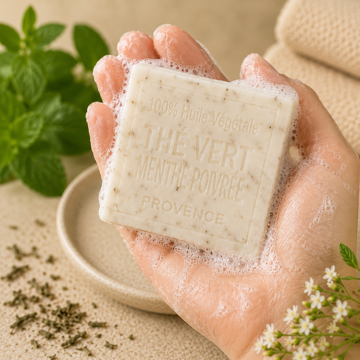 Savon Thé vert Menthe poivrée exfoliant 100g - Artisanal parfum de Grasse