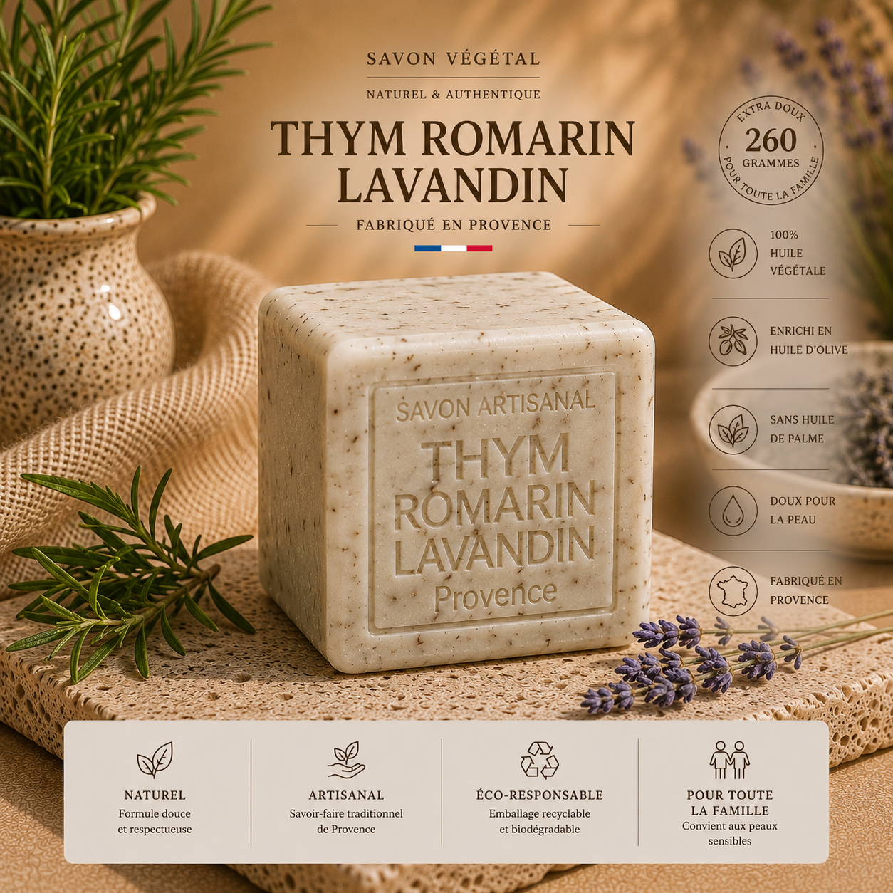 Savon Thym Romarin Lavandin exfoliant 260g - Artisanal parfum de Grasse