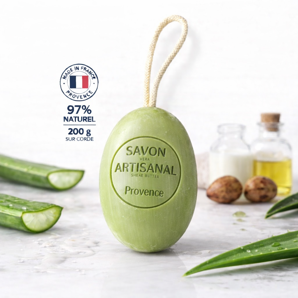 Savon Aloé Véra Karité sur corde 200g – Savon artisanal parfum de Grasse