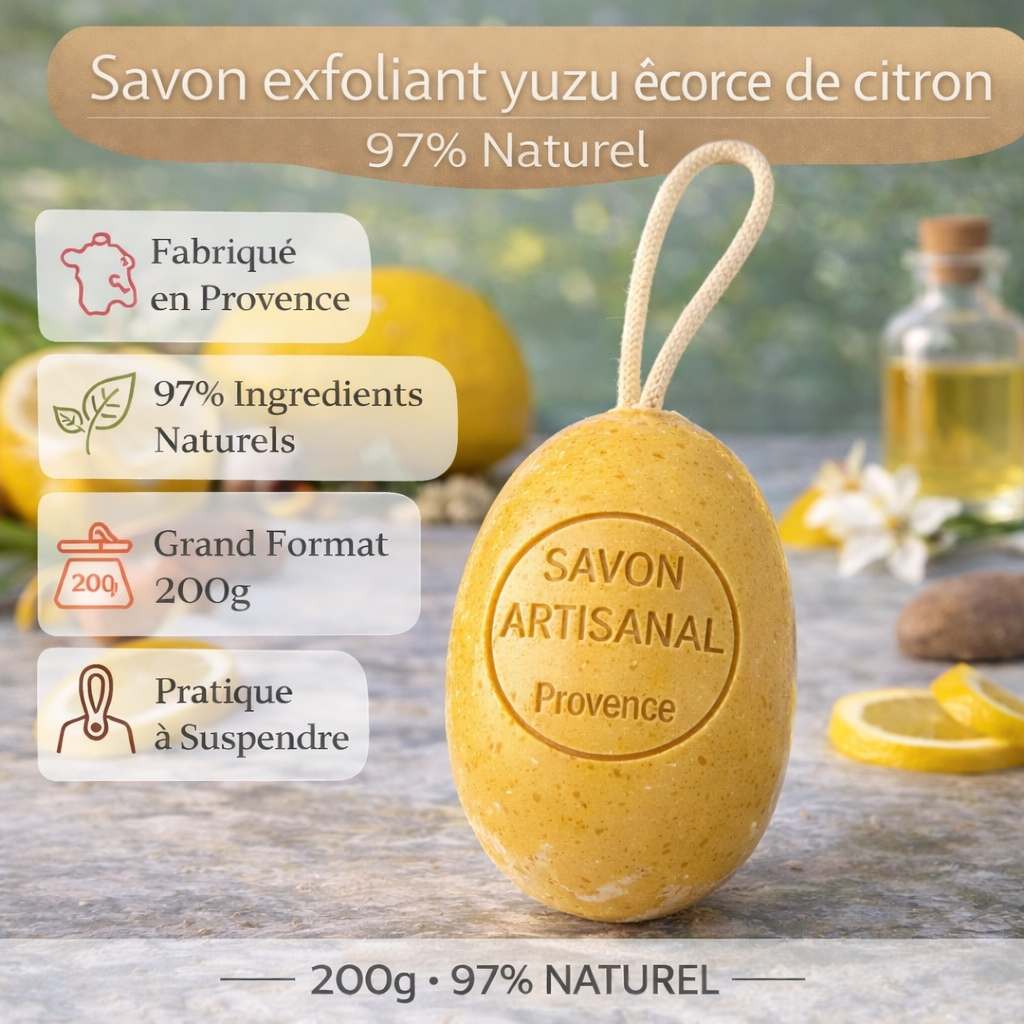 Savon Yuzu, Gingembre avec exfoliant écorce de citron 200g - Savon artisanal parfum de Grasse