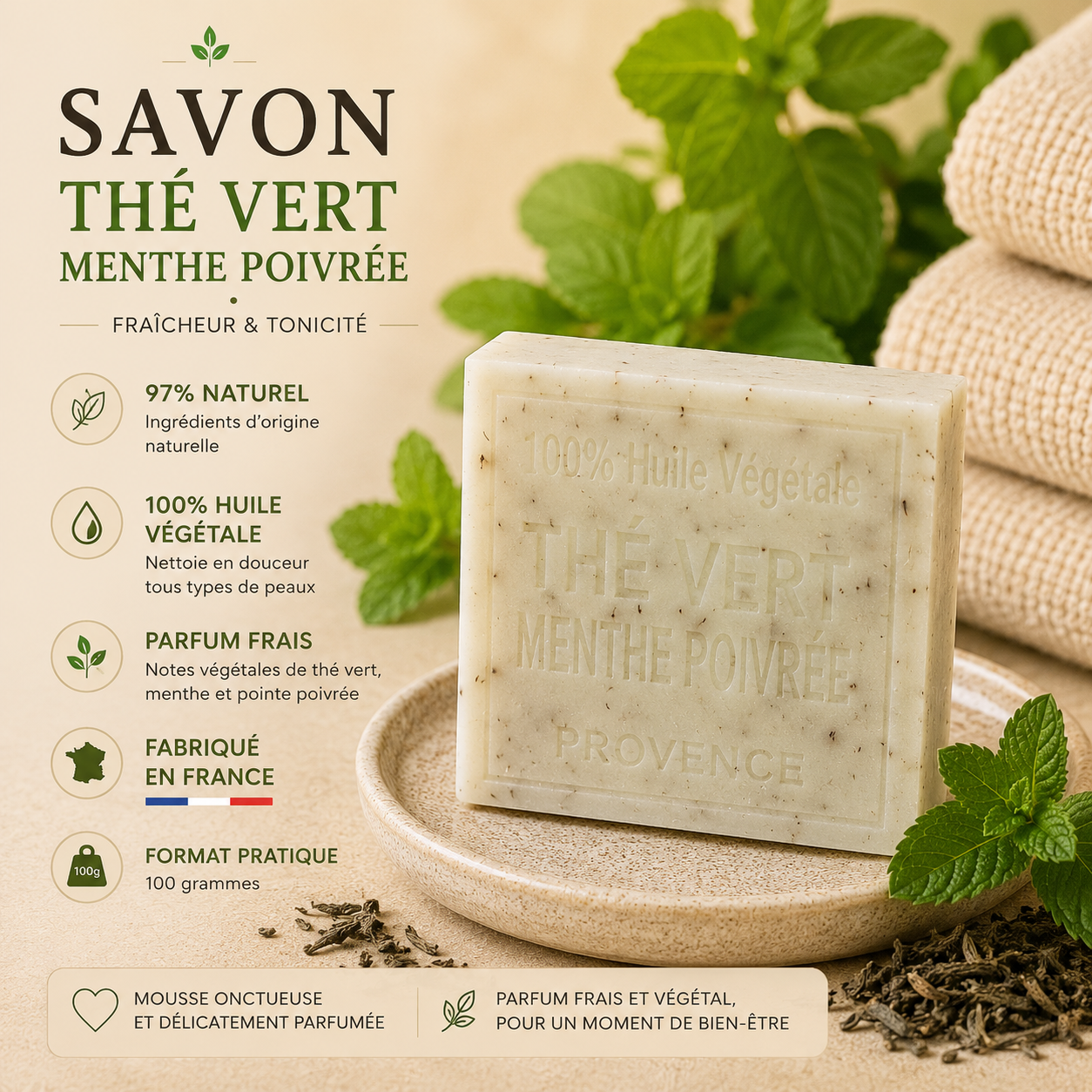 Savon Thé vert Menthe poivrée exfoliant 100g - Artisanal parfum de Grasse