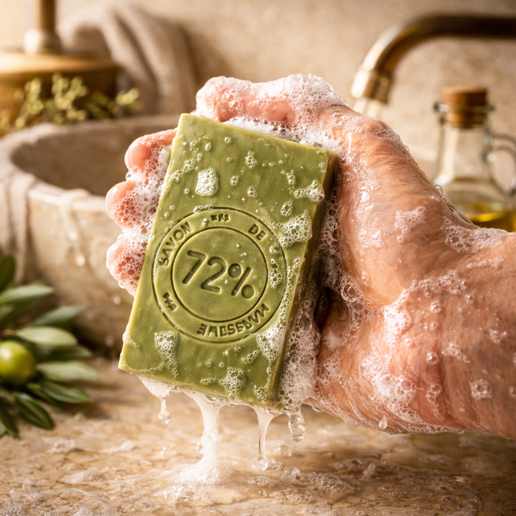 Véritable Savon de Marseille 72% Huile d’Olive sur Corde 140g – Savon Naturel Artisanal Peaux Sensibles