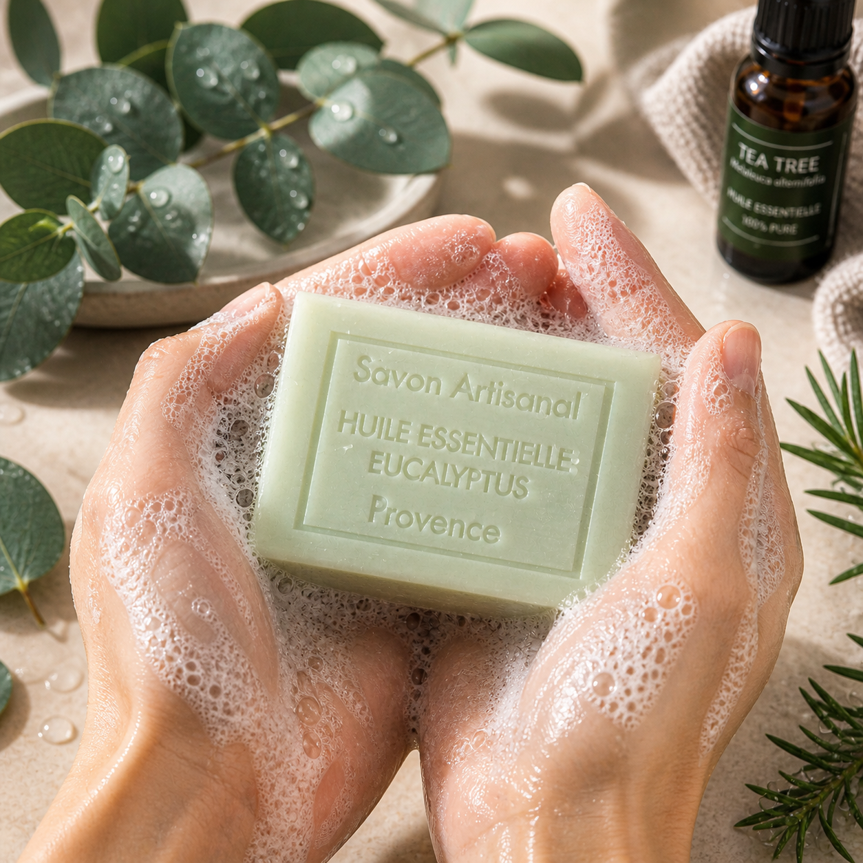 Savon aromathérapie Eucalyptus & Tea Tree 100g – Purifiant & oxygénant – Huiles essentielles naturelles