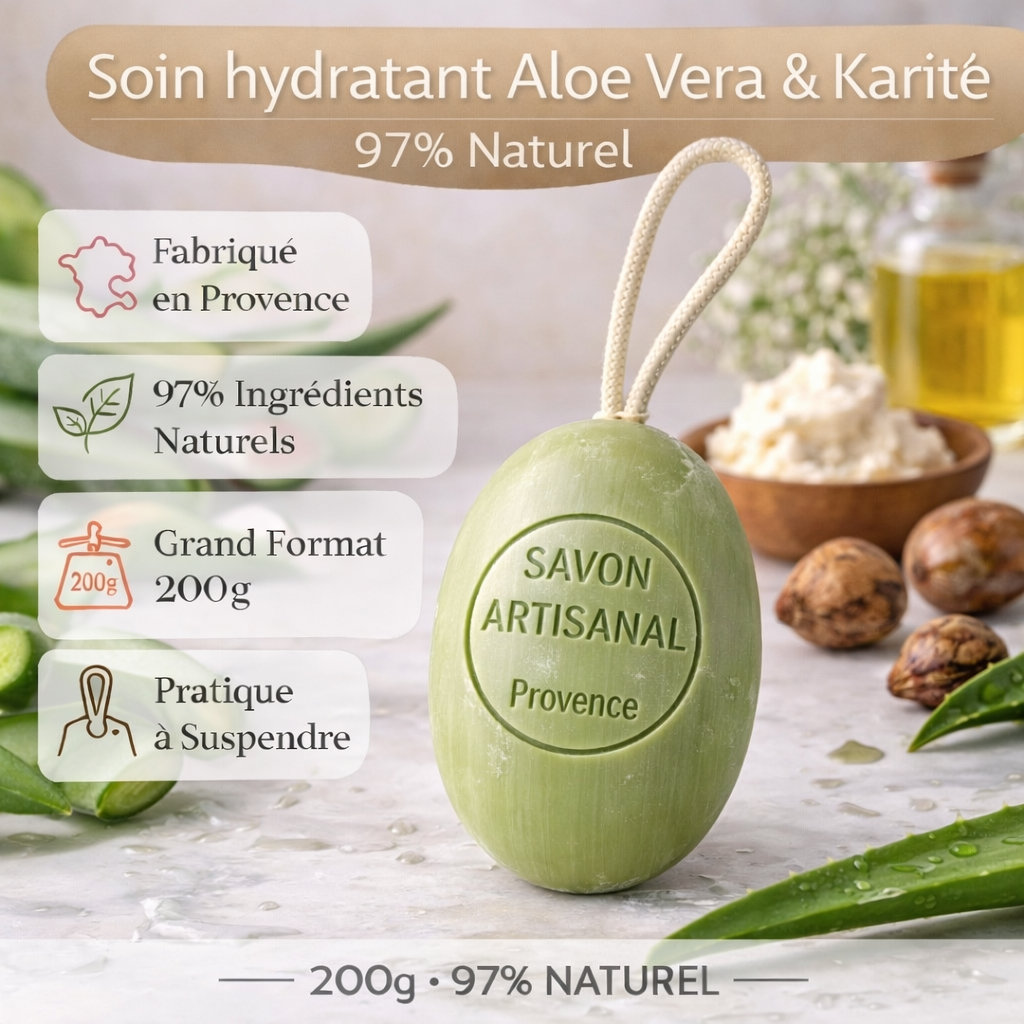 Savon Aloé Véra Karité sur corde 200g – Savon artisanal parfum de Grasse