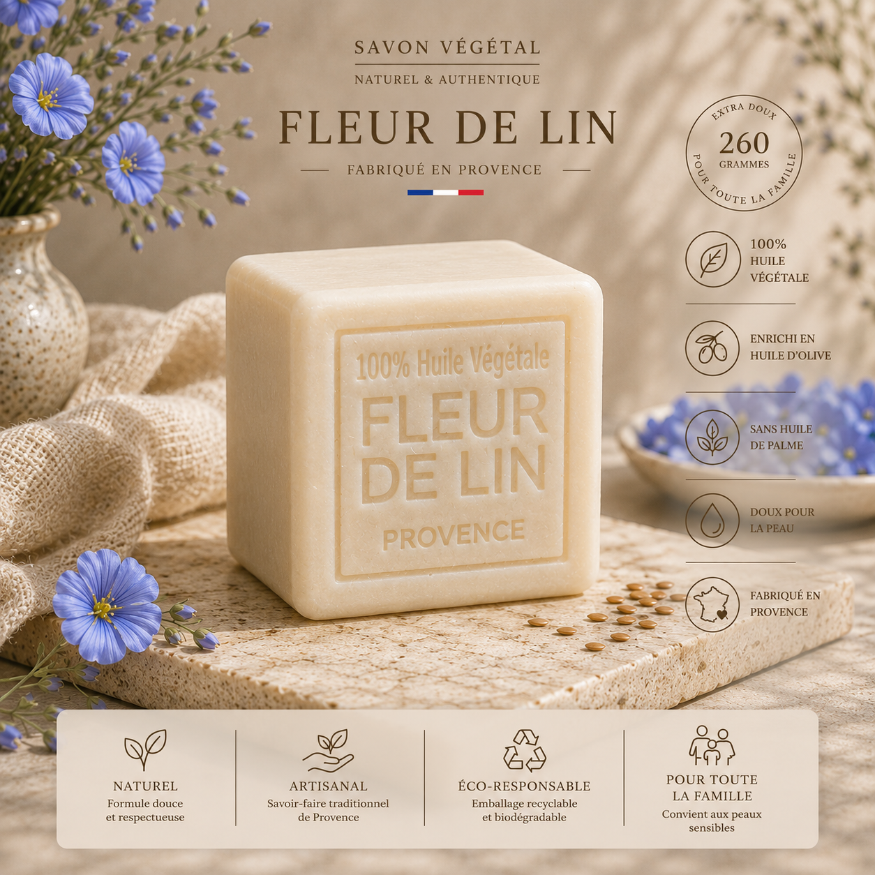 Savon Fleur de Lin 260g - Artisanal parfum de Grasse