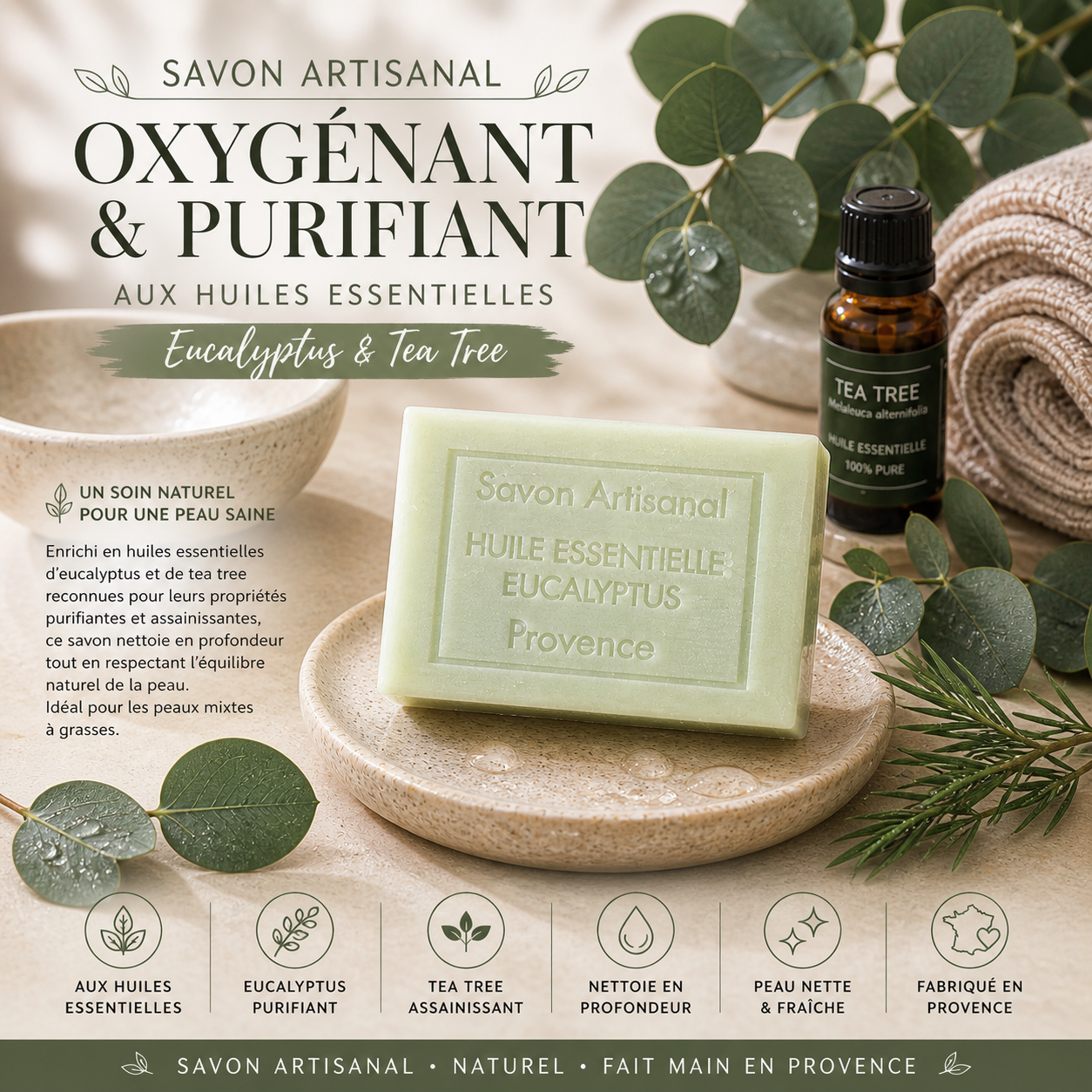 Savon aromathérapie Eucalyptus & Tea Tree 100g – Purifiant & oxygénant – Huiles essentielles naturelles