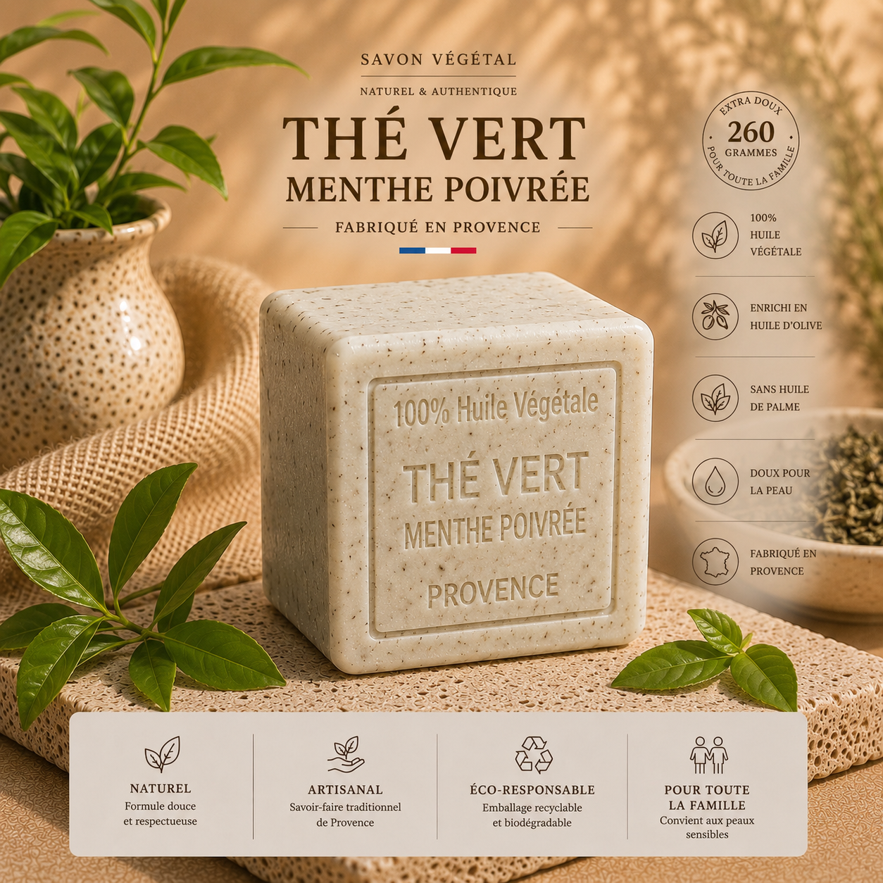 Savon Thé vert Menthe poivrée exfoliant 260g - Artisanal parfum de Grasse