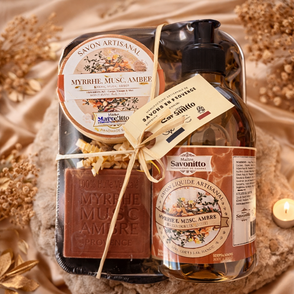 Coffret Cadeau Myrrhe Musc Ambre – Savon Artisanal & Savon Liquide