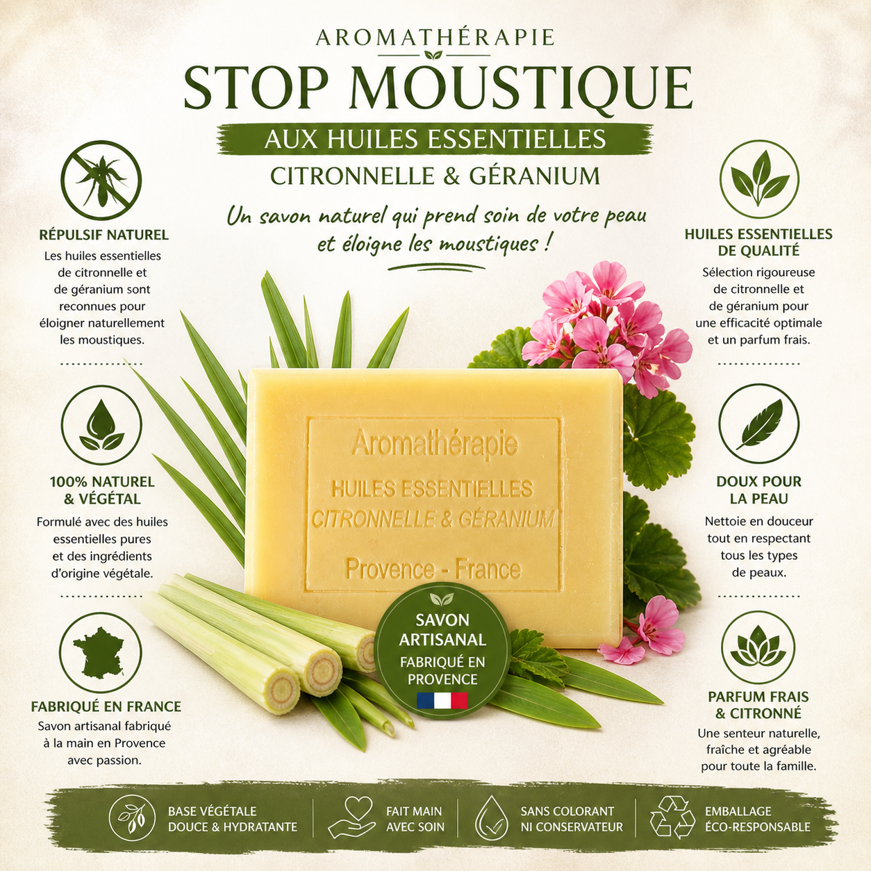 Savon aromathérapie Stop Moustiques Citronnelle & Géranium 100g