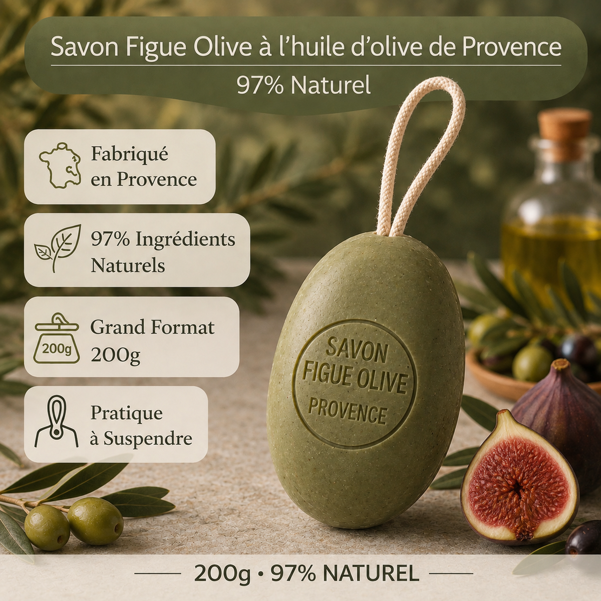 Savon Figue Olive sur corde 200g – Savon artisanal parfum de Grasse