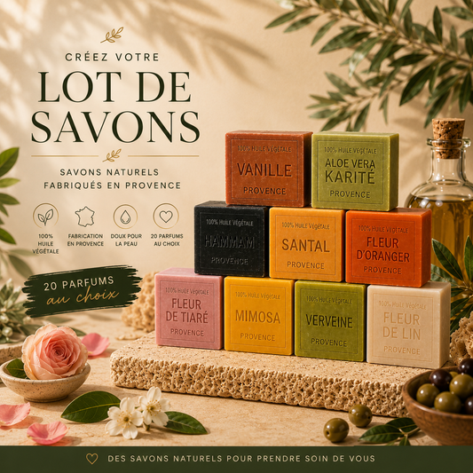 Lot de savons artisanaux carrés 100g  personnalisable – Choisissez vos parfums