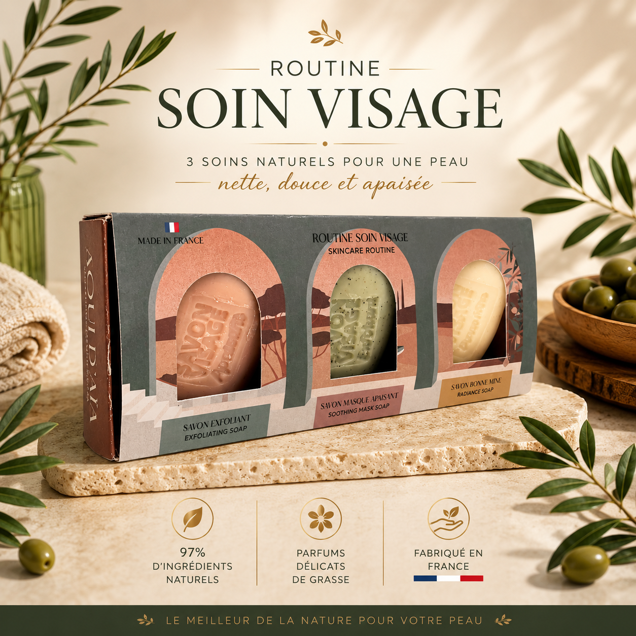 Coffret Routine Soin Visage Naturel – 3 Savons Artisanaux pour une Peau Douce
