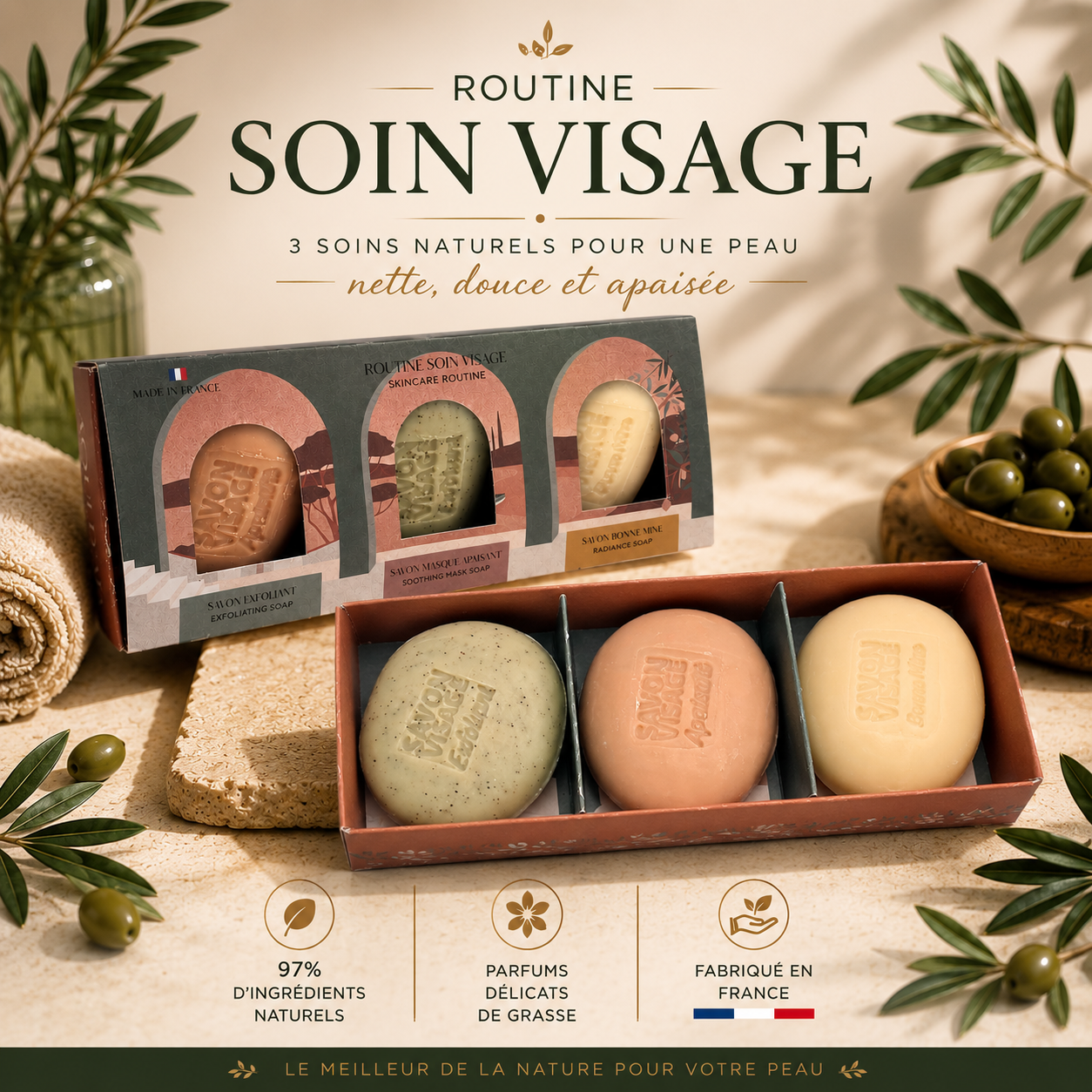 Coffret Routine Soin Visage Naturel – 3 Savons Artisanaux pour une Peau Douce