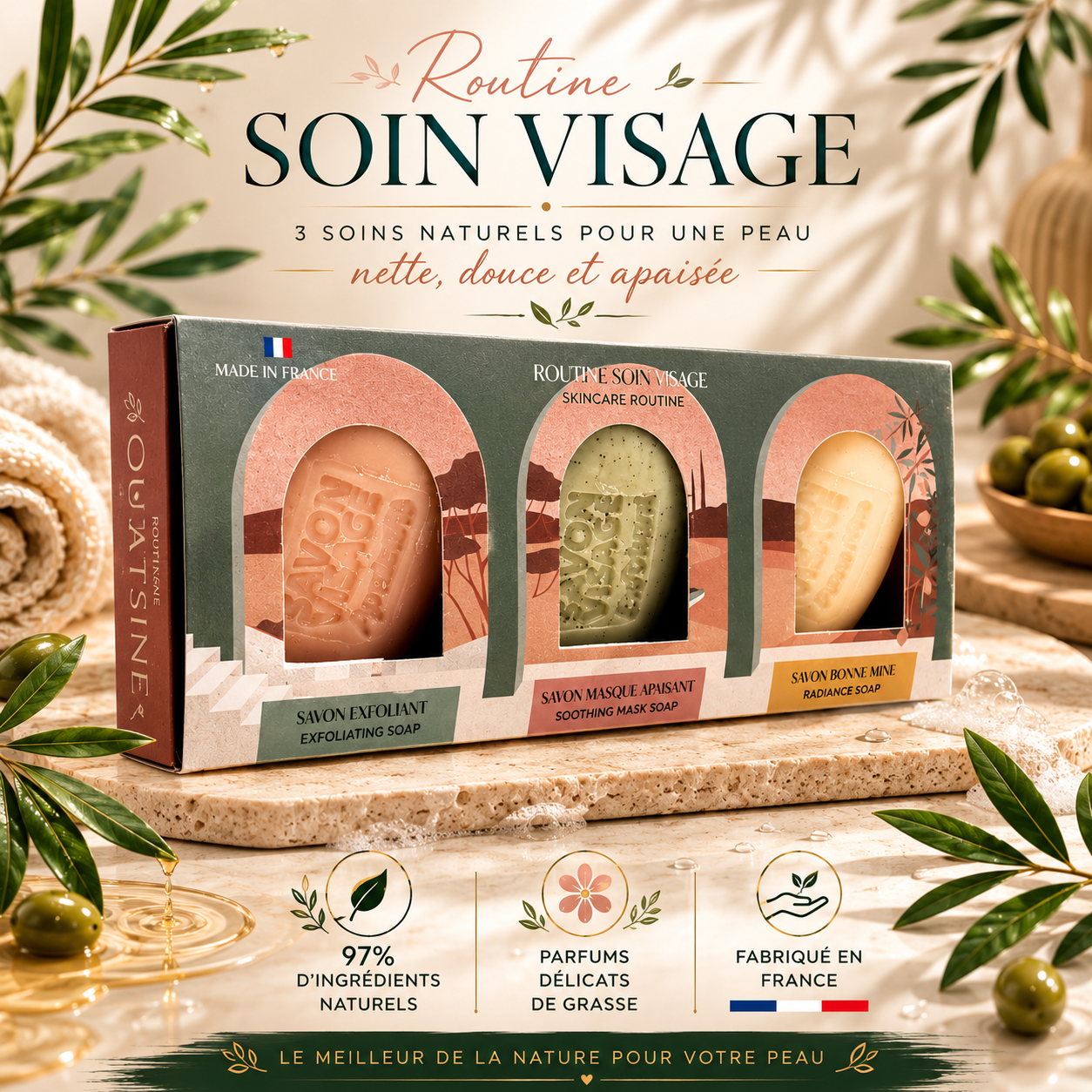 Coffret Routine Soin Visage Naturel – 3 Savons Artisanaux pour une Peau Douce