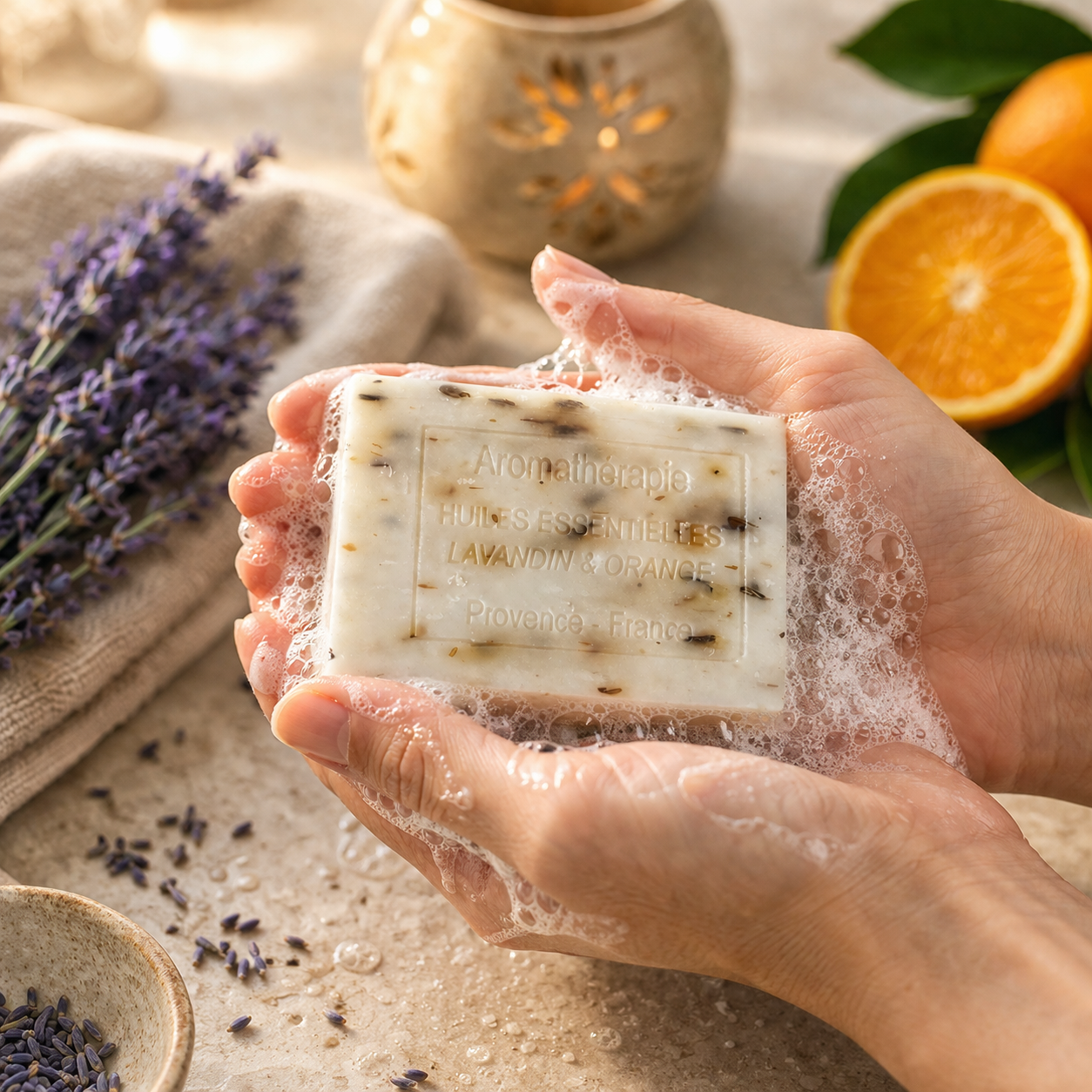 Savon aromathérapie Lavande & Orange 100g – Relaxant & apaisant – Huiles essentielles naturelles
