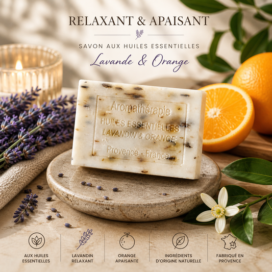 Savon aromathérapie Lavande & Orange 100g – Relaxant & apaisant – Huiles essentielles naturelles