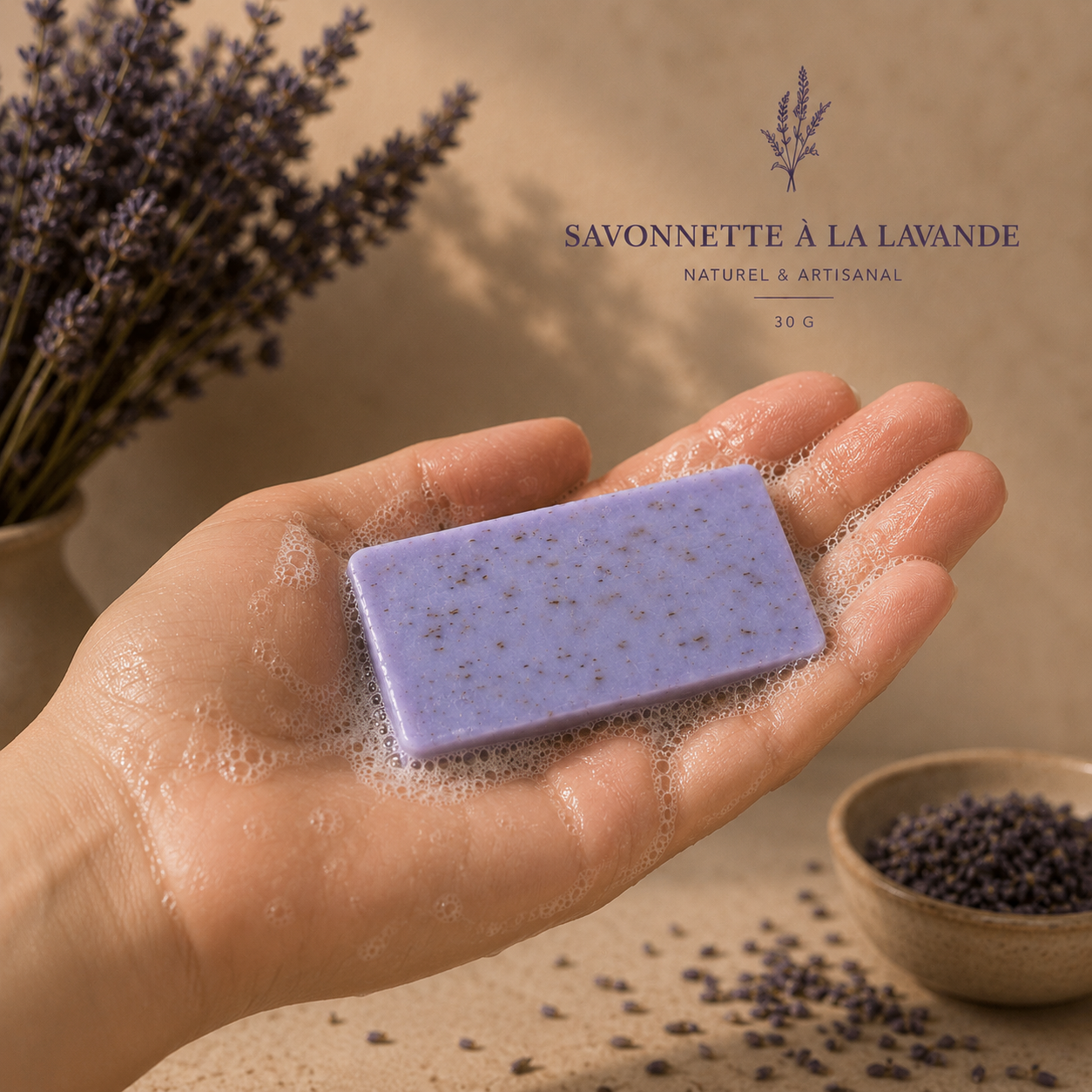 Savonnette Lavande 30g – Savon artisanal parfumé aux fleurs de lavande – Parfum de Grasse