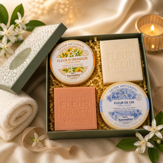 Coffret Fleur de Lin & Fleur d’Oranger – Savons Artisanaux 4x100g