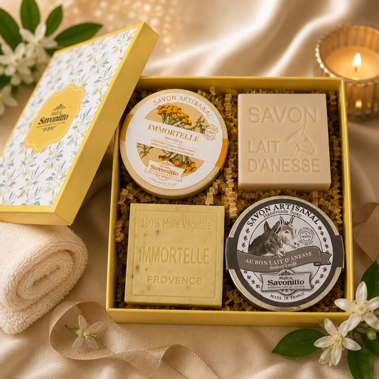 Coffret Savons Lait d’Ânesse & Immortelle 4x100g – Soin Naturel Hydratant