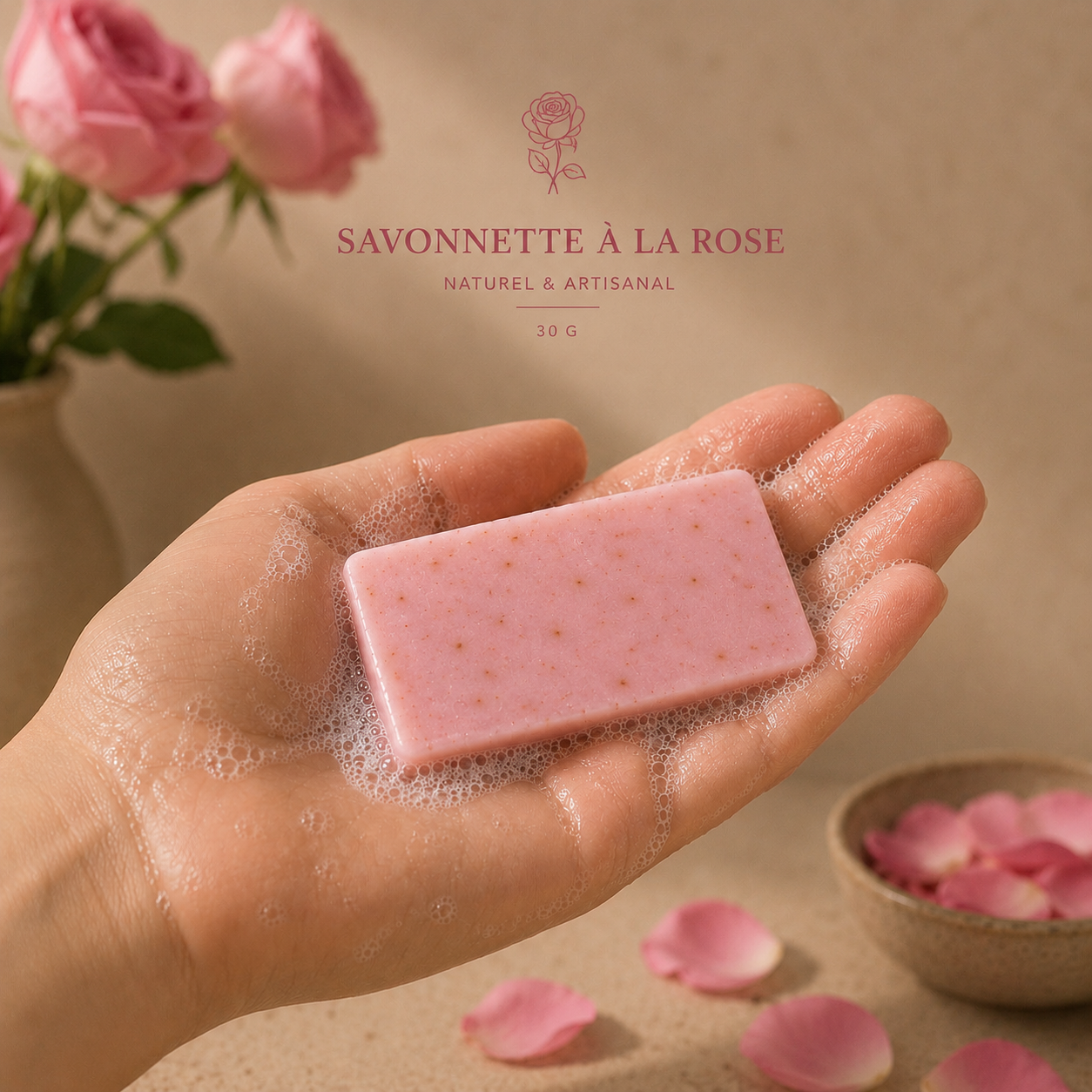 Savonnette Rose 30g – Savon artisanal parfumé à la rose – Parfum de Grasse