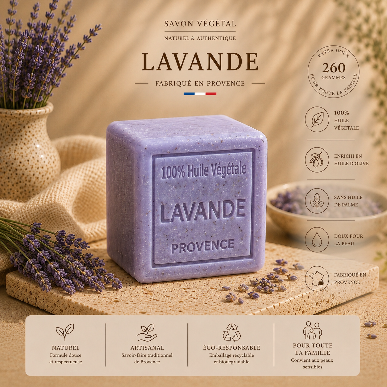Savon Lavande exfoliant 260g - Artisanal parfum de Grasse