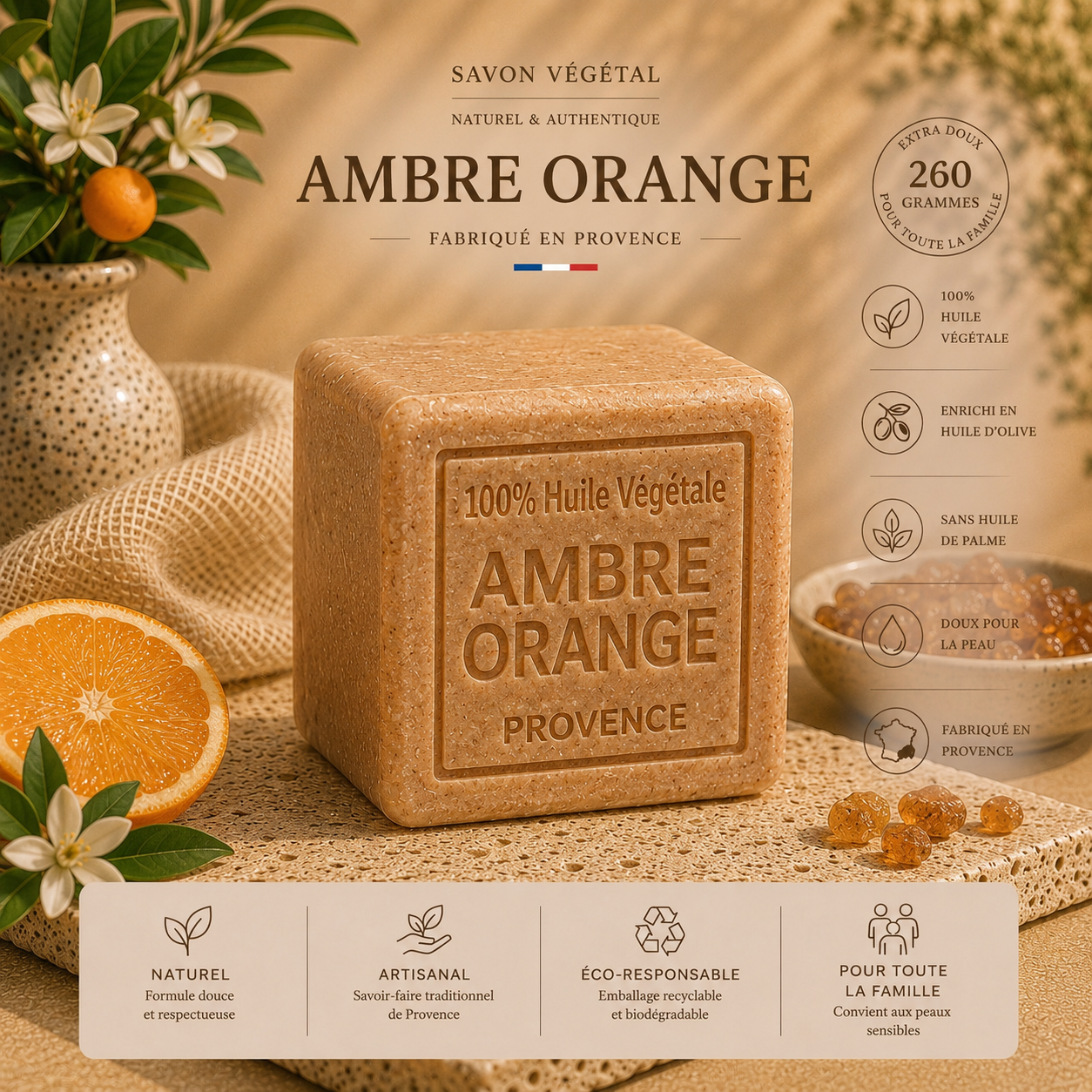 Savon Ambre et Orange 260g - Artisanal parfum de Grasse