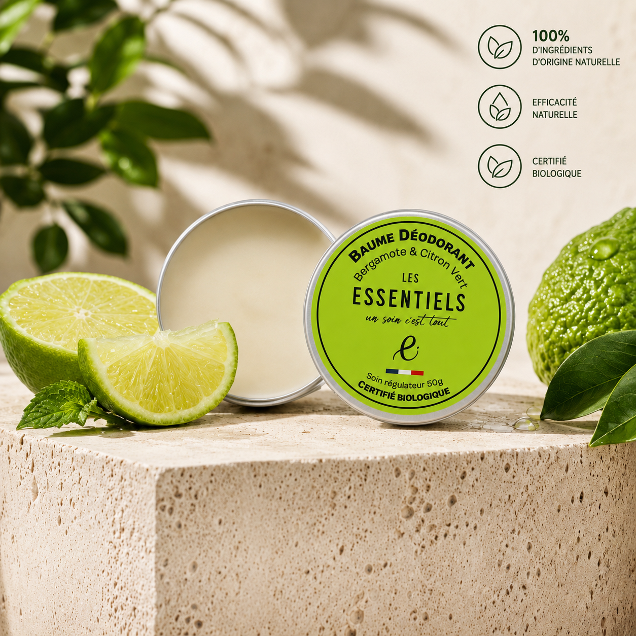 Baume Déodorant Solide Bergamote & Citron Vert – 50 g | Naturel au Beurre de Karité